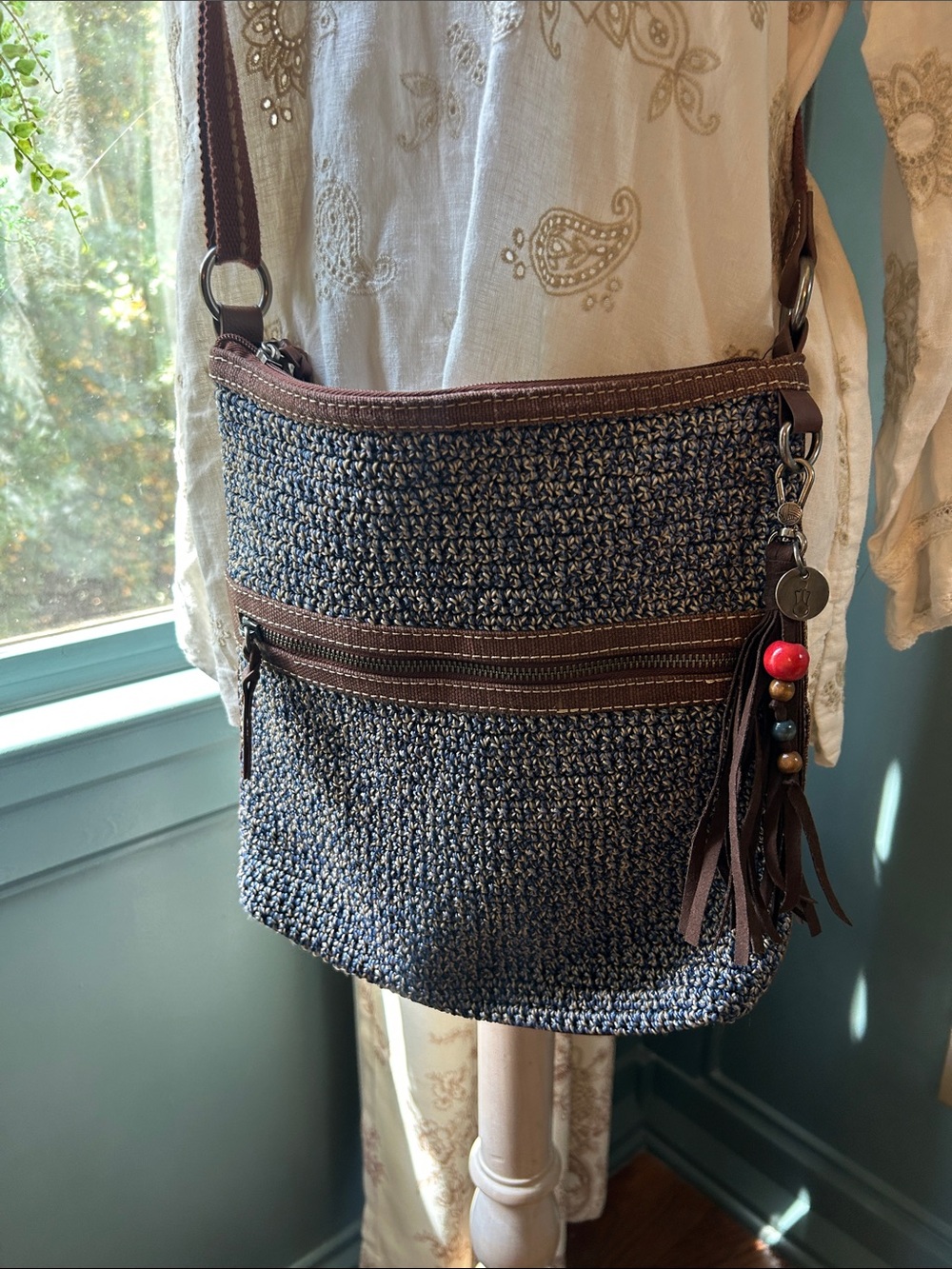 The Sak Woven Crossbody Bag with Tassel Charm - Blue tan woven & Brown trim